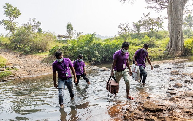 Deworm3 field workers travel on foot to collect soil and stool samples, and distribute deworming medication to villagers as a part of Dr. Ajjampur’s study in Vellore, Tamil Nadu, India on November 29, 2022.