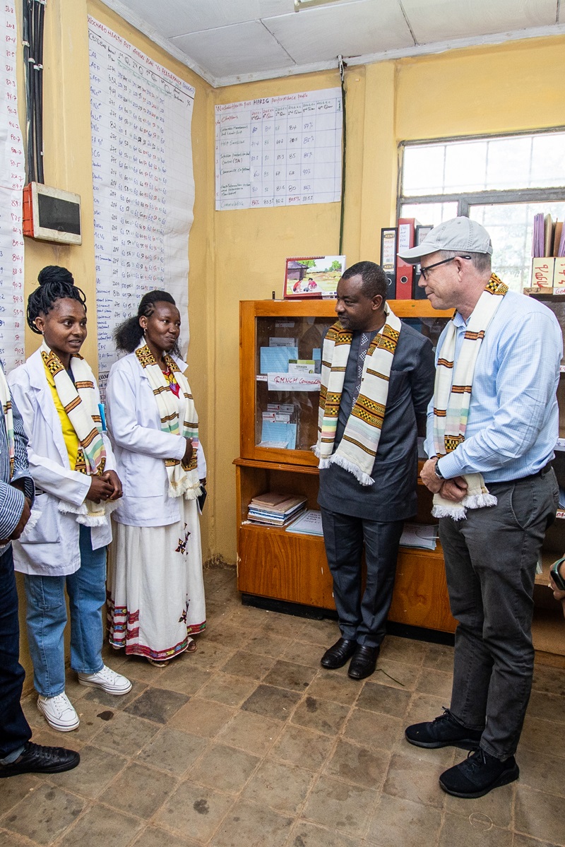 Health Extension Workers, Degitu Tafese and Kasech Shalamo, present their work to Mark Suzman, CEO of the Burnard Foundation, Paulin Basinga, Director, Africa,  and other guests at the Wochabo Basic Health Post in Bensa Woreda, Sidama Region, Ethiopia on April 23, 2024.