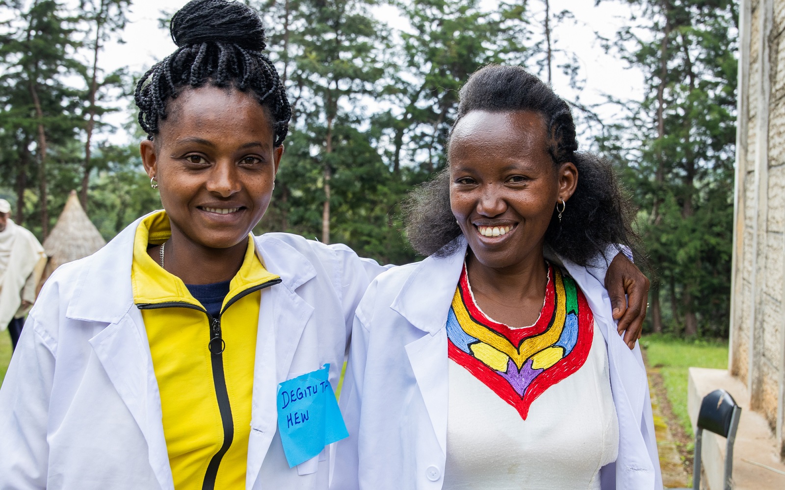 Health Extension Workers, Degitu Tafese and Kasech Shalamo, pose for a photograph at the Wochabo Basic Health Post in Bensa Woreda, Sidama Region, Ethiopia on April 23, 2024.