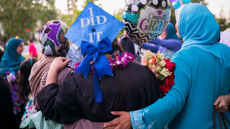 Students of Summit Prep celebrate during graduation ceremonies in Redwood City, California.